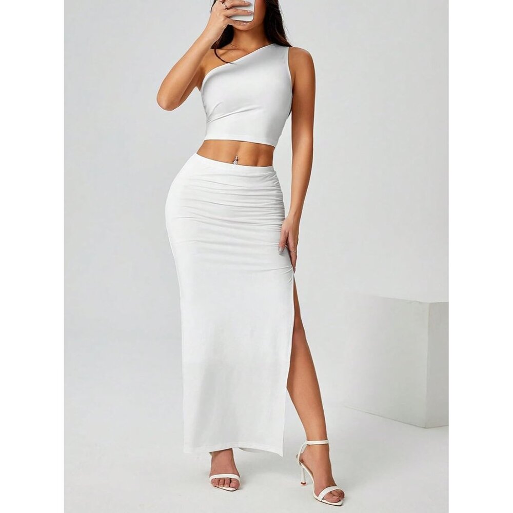 Women's White Ruched Side Slit Thigh Elegant Bodycon Pencil Chic Maxi Skirt - Picture 5 of 6